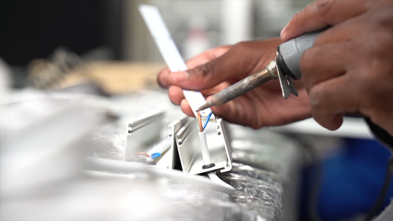 Close up of black electrician using soldering gun to connect wires, slow motion