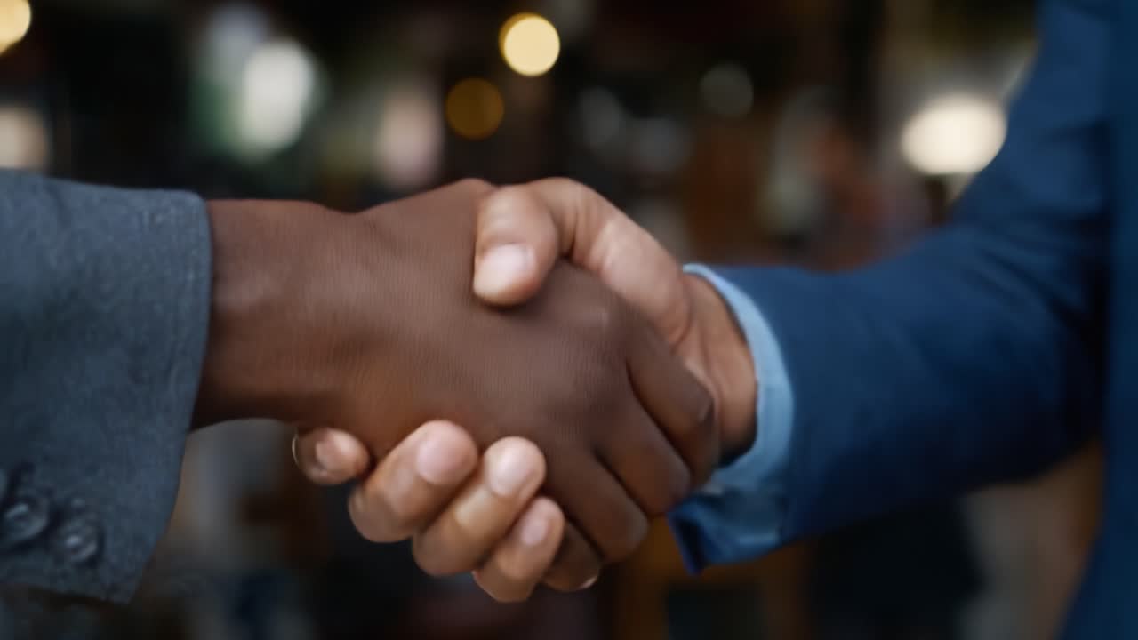 A Symbolic Gesture of Unity and Agreement: Two Hands Shaking Firmly with a Background of Soft Focus, Representing Collaboration and Understanding Between Individuals