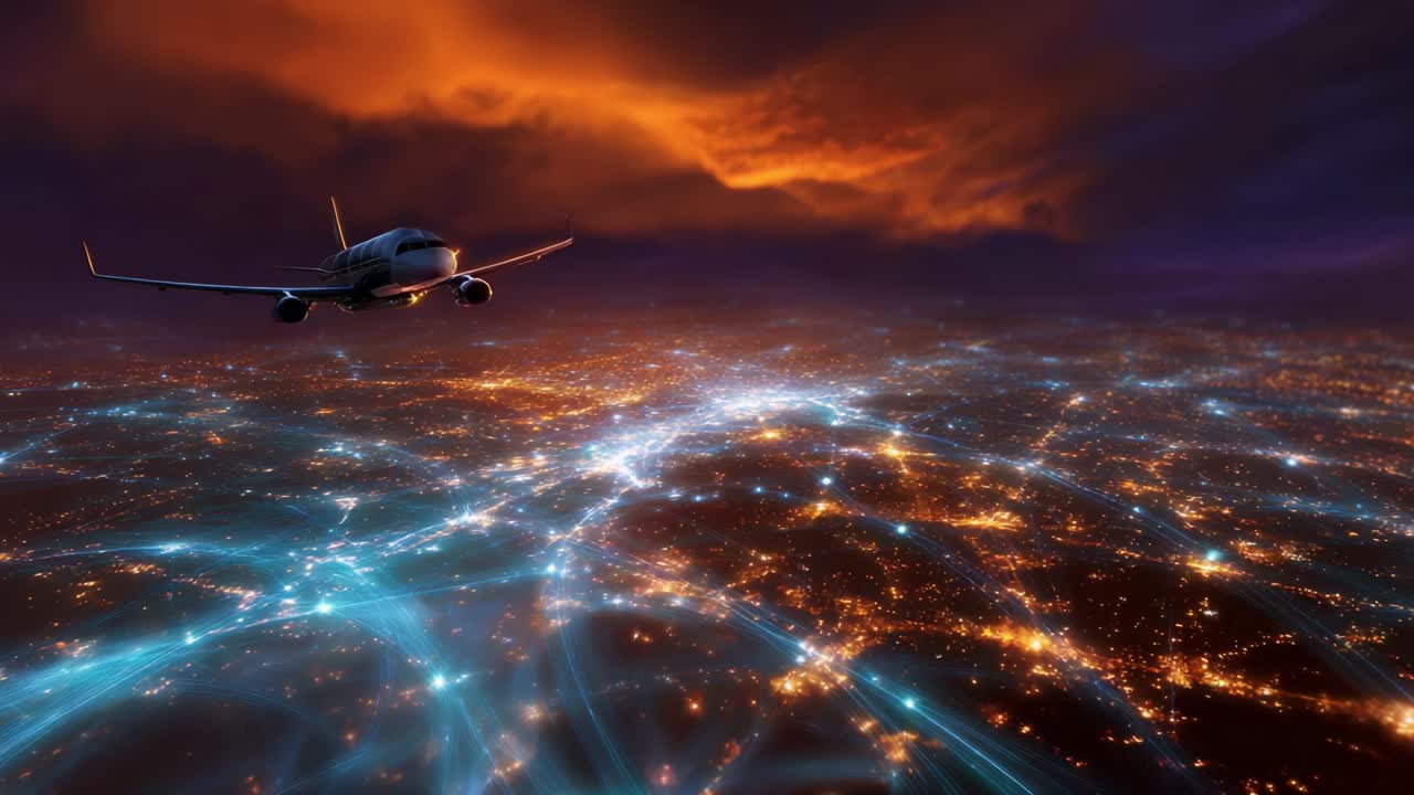 Airplane flying over a city at night