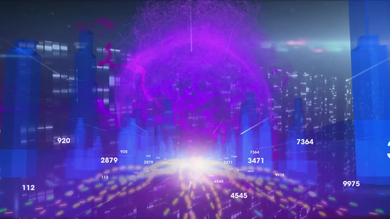 빛나는 선과 3d 도시 풍경의 애니메이션과 빛나는 컴퓨터 서버를 통해 데이터 처리
