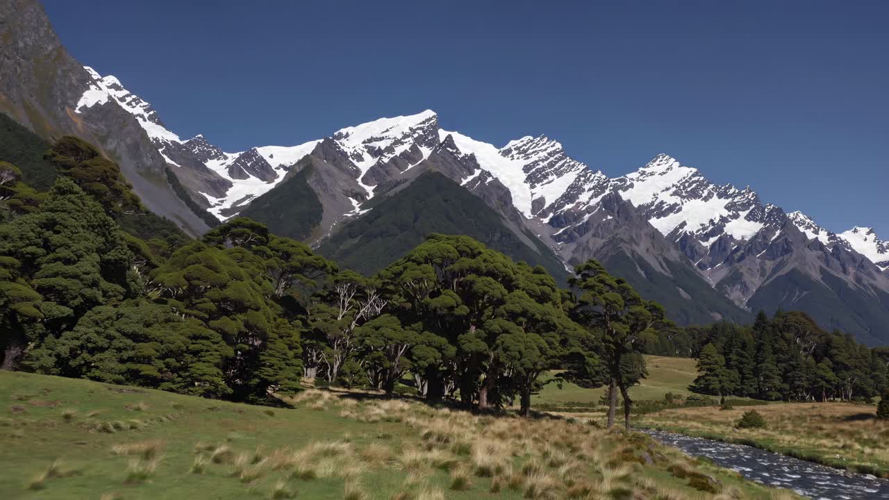 Aerial video captures a stunning landscape of snow-capped mountains and lush green forest