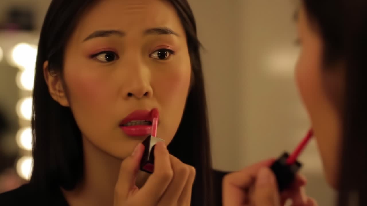 A serene beauty moment captured in a makeup routine, showcasing a young woman skillfully applying vibrant lip color while gazing at her reflection in a mirror