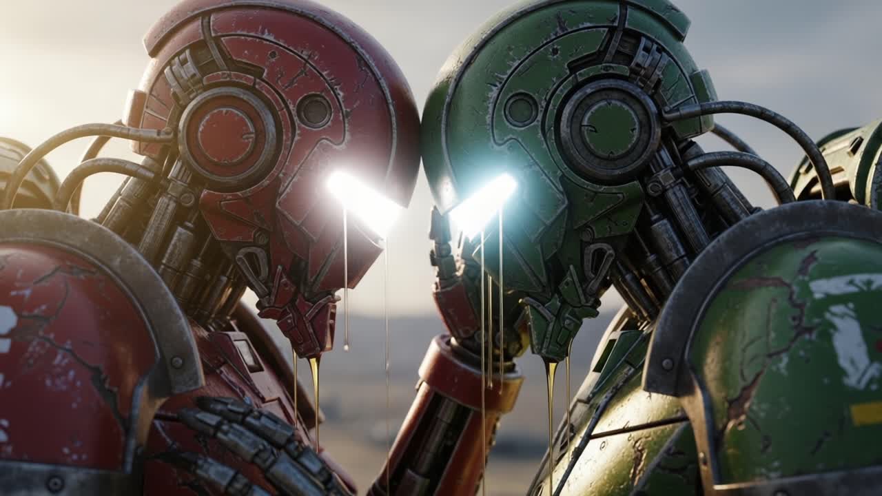 An Intense Moment Captured Between Two Futuristic Robots: A Symbol of Connection and Rivalry in a Vivid Mechanical World