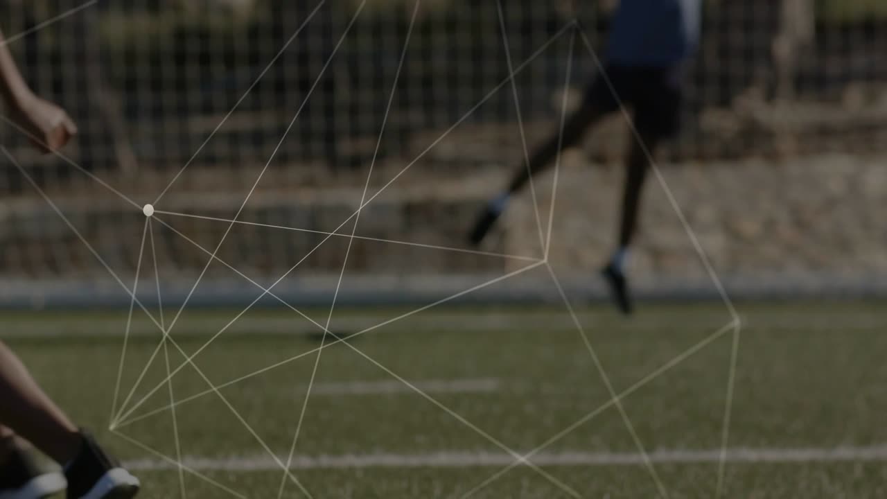 Pemain menyentuh bola, menendang untuk mencetak gol, bola masuk ke gawang, mendapatkan bola, node melacak gerakan untuk olahraga.