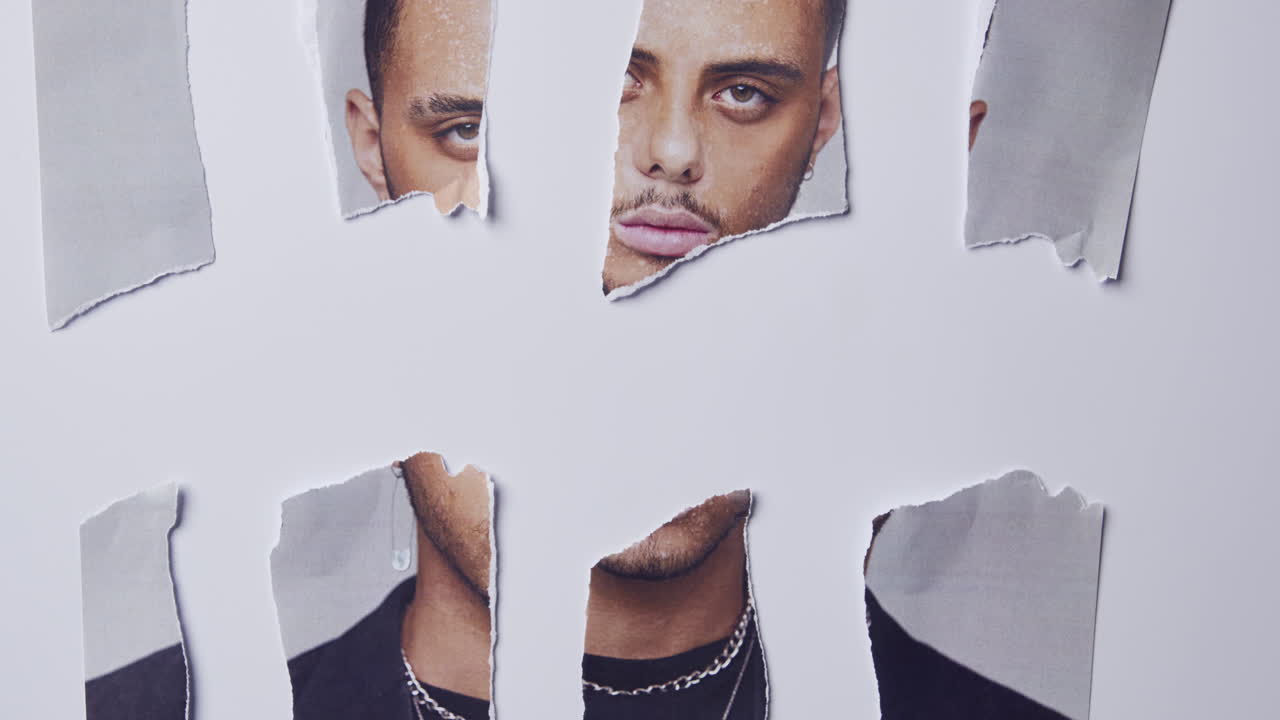 불행한 남자의 사진이 조각으로 어지고 스 모션으로 애니메이션화 된 정신 건강 개념