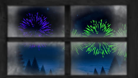 animation of window with colourful christmas and new year fireworks over trees in night sky