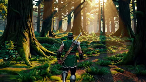 aventurero en un bosque empapado de sol