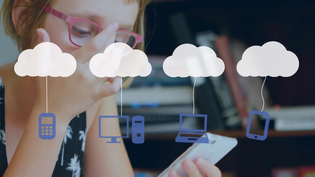 animación de nubes e iconos de medios sobre una mujer usando un teléfono inteligente