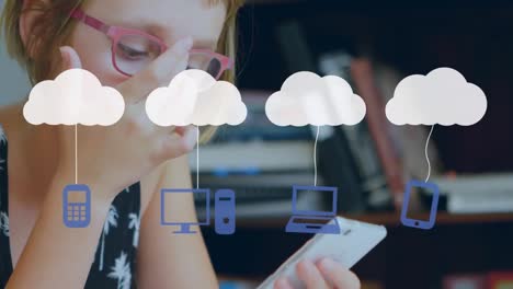 Animation-of-clouds-and-media-icons-over-woman-using-smartphone