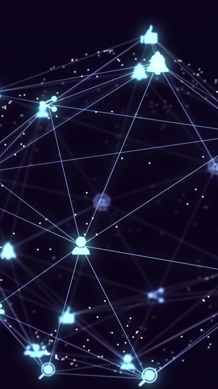 Animation of globe of glowing digital icons spinning against blue background