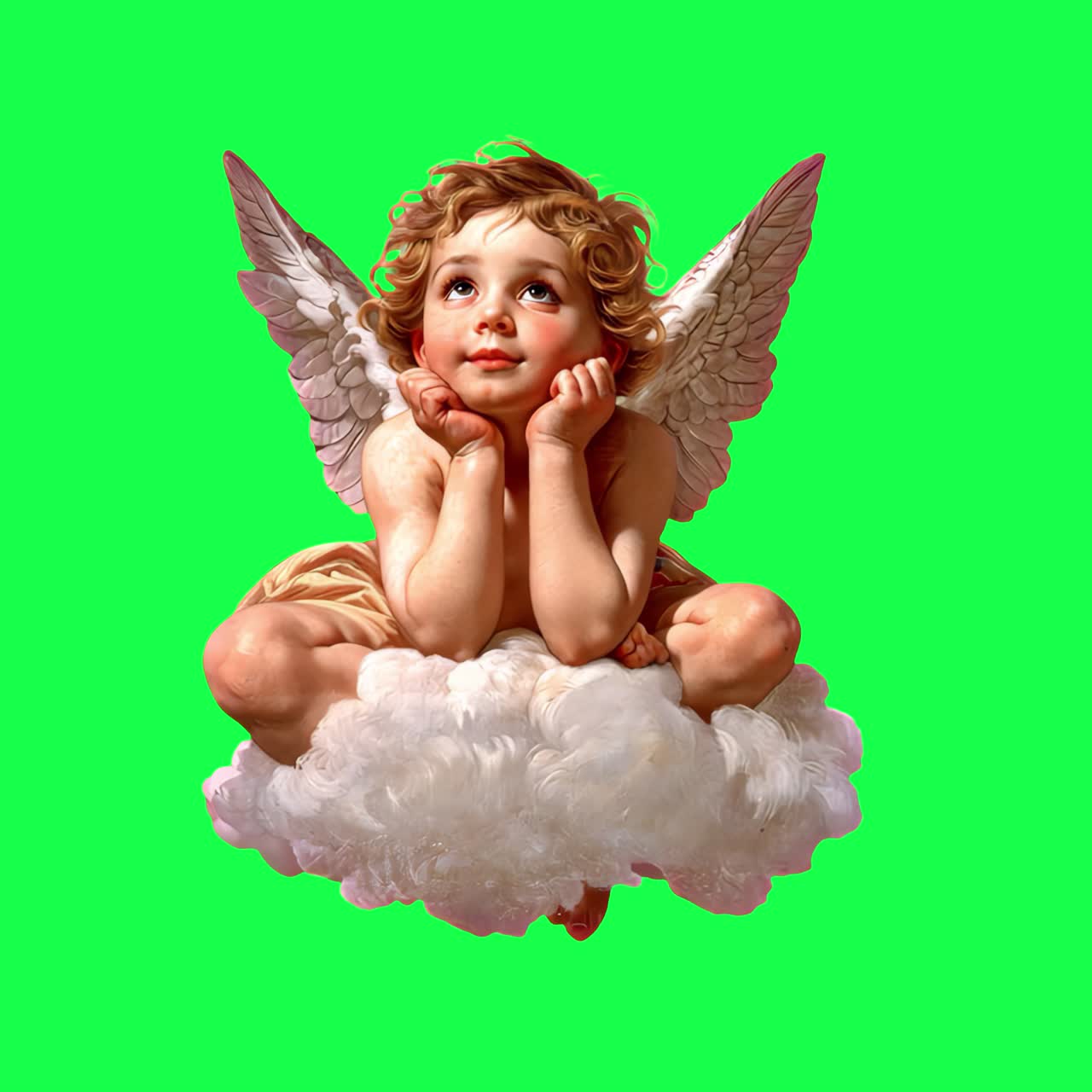 Cherub on cloud vintage style animation, transparent 4K video, green screen