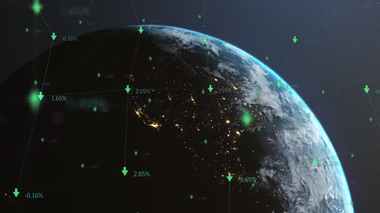 파란색 배경에 전 세계 데이터 처리 및 연결의 애니메이션