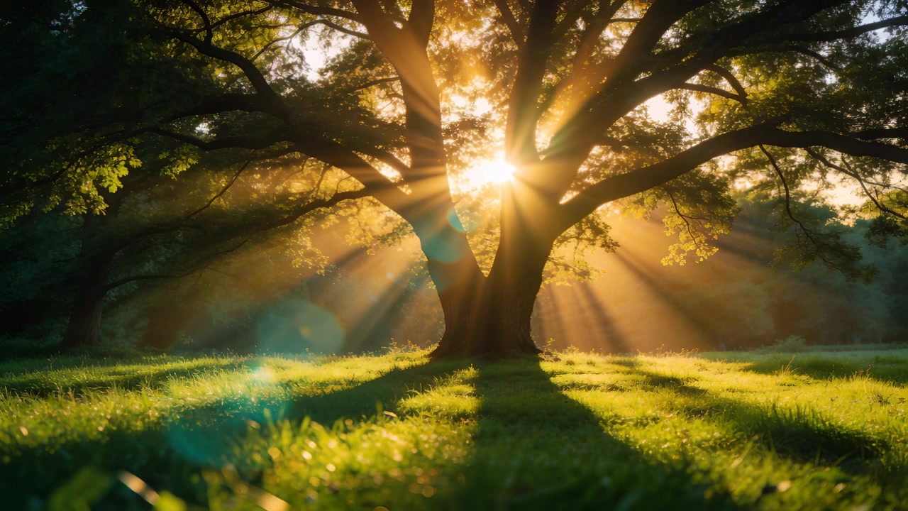 Sole che sorge in movimento dietro un albero con più tronchi in un prato, creando un bagliore turchese e raggi di sole.