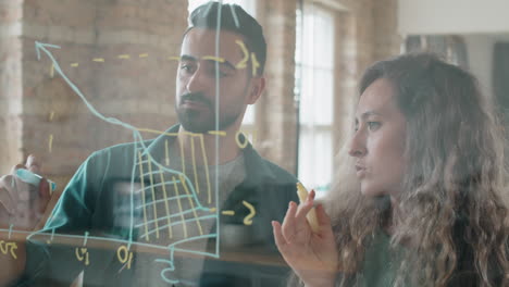 multiethnic colleagues discussing business graph on glass wall