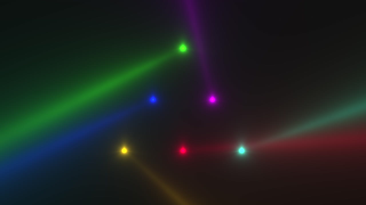 Glowing neon rainbow spotlight rays on disco stage
