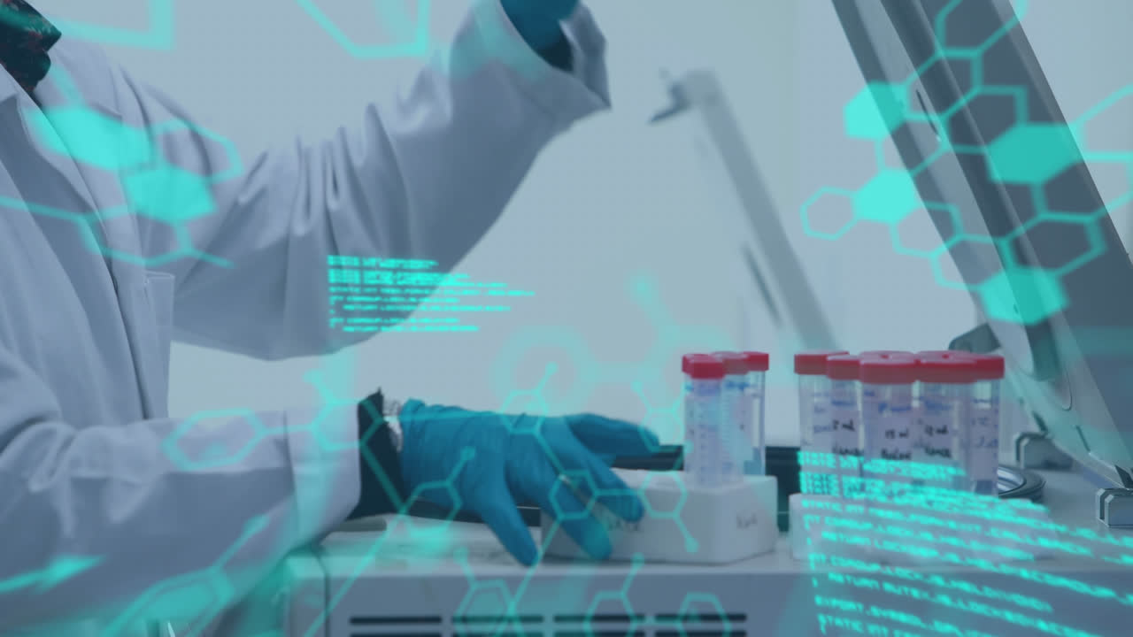 animación del procesamiento de datos científicos sobre el científico en el laboratorio