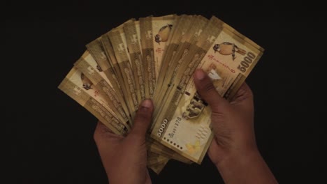 Counting-money-view-from-above,-yellow-5000-rupee-notes-holding-by-the-female-hands,-dark-background