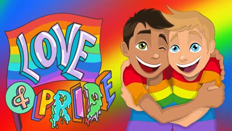 animación de amor y orgullo texto y dos niños felices diversos abrazándose sobre los colores del arco iris de fondo