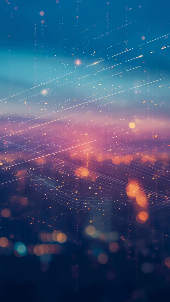 Vertical video: Shifting bokeh drifting over city dusk, pulse causing streaks, sparks adding warmth