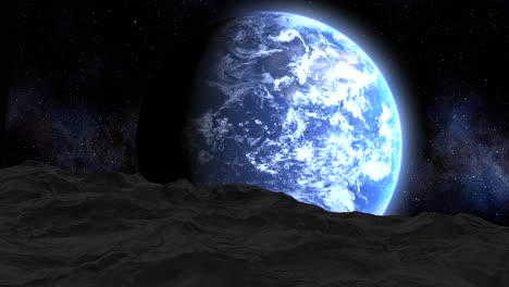 earth viewed from a mountain on a moon-like surface