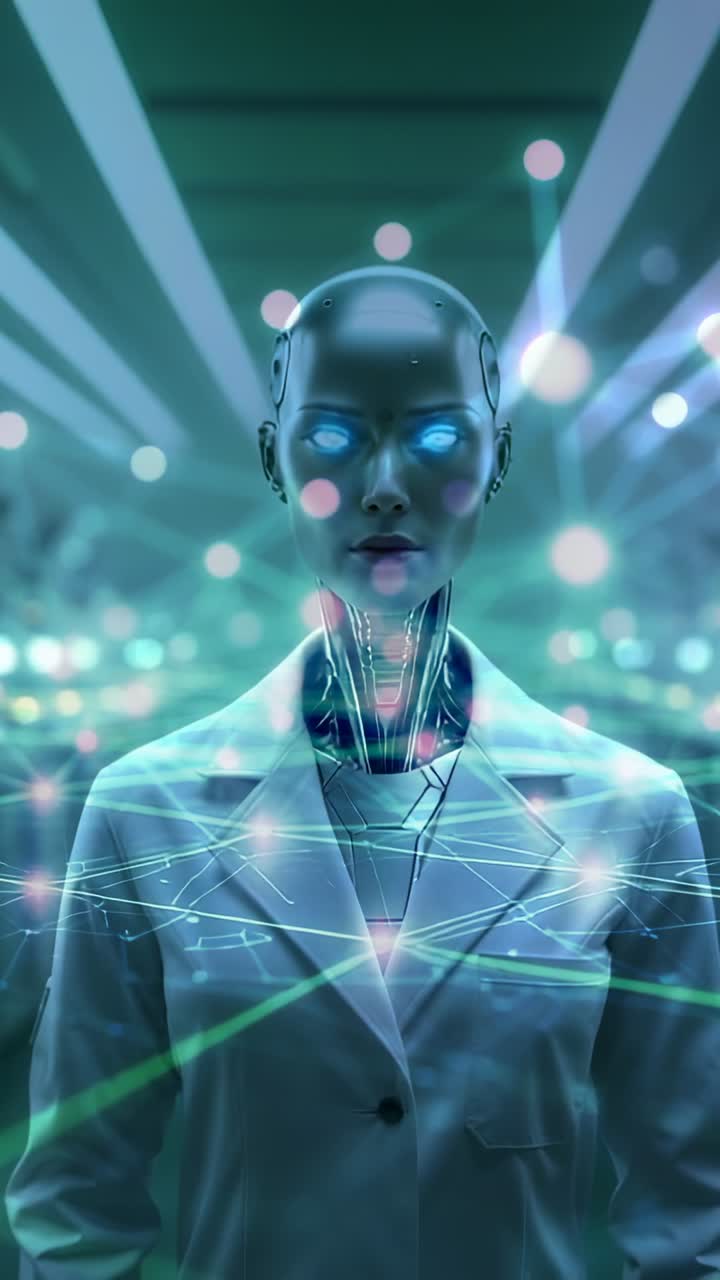 Vertical video: On boot-up labcoat robot syncing network in corridor, with data orbs