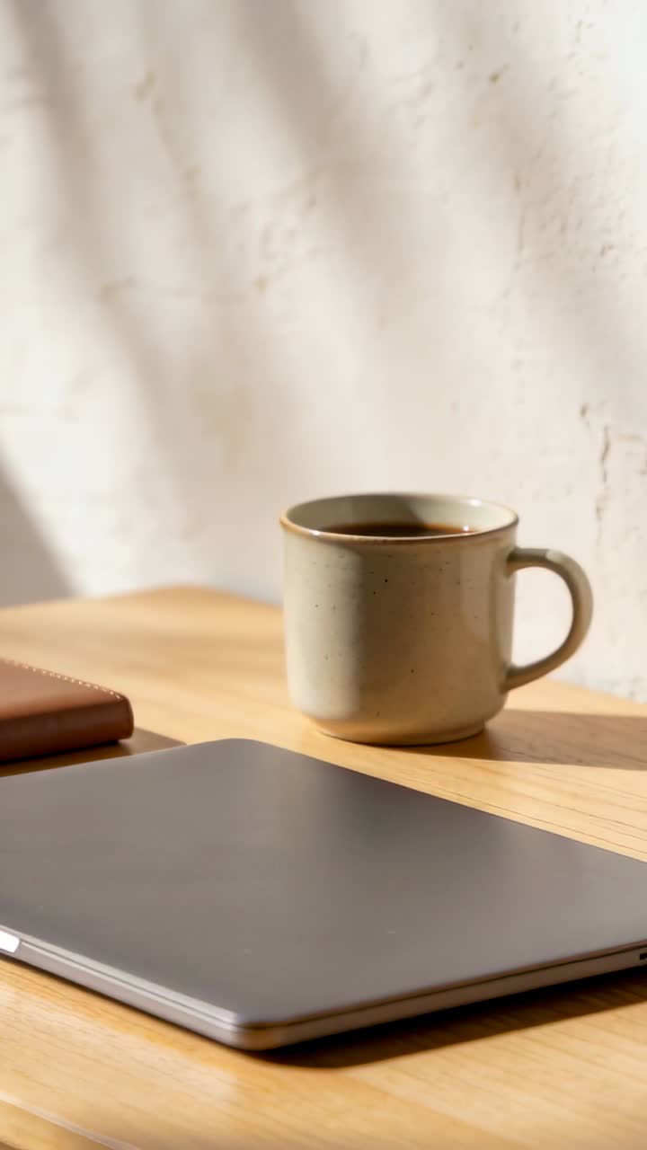 Vertical video: Camera gently zooming toward speckled mug on sunlit wooden desk, making mug focal