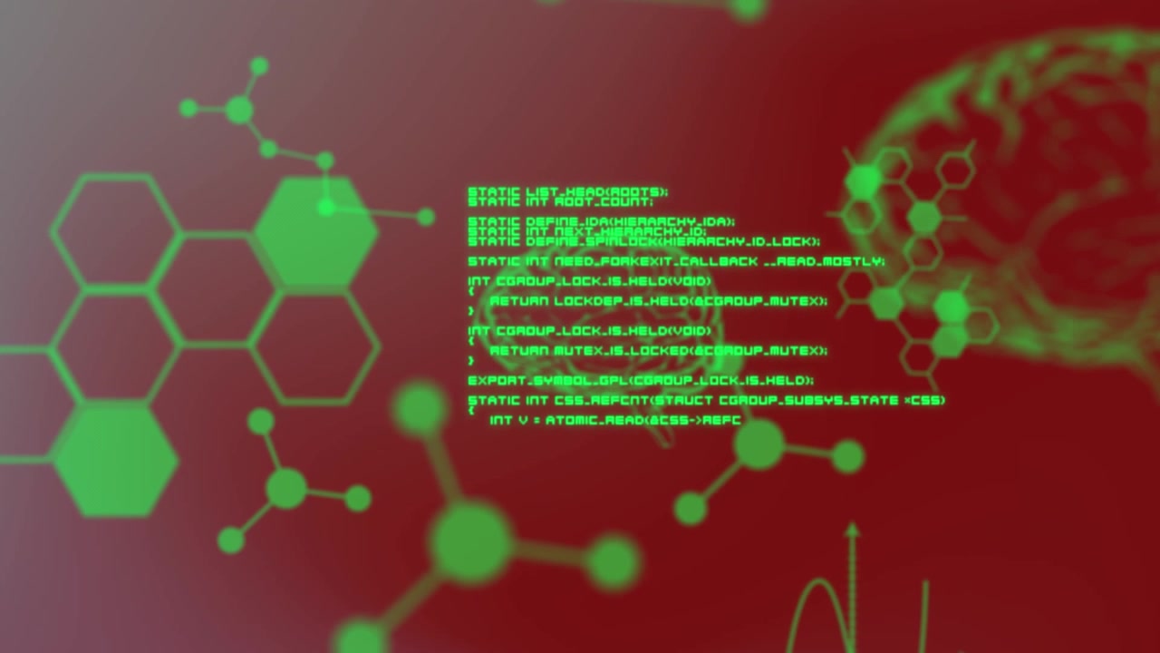 Animation of medical data processing against red gradient background