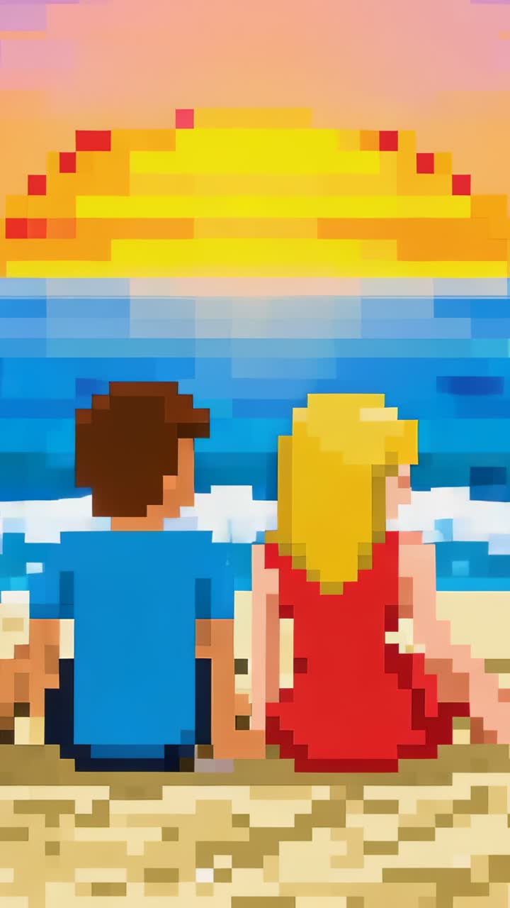Video verticale: coppia pixel art con camicia blu e vestito rosso seduta in spiaggia, sole al tramonto