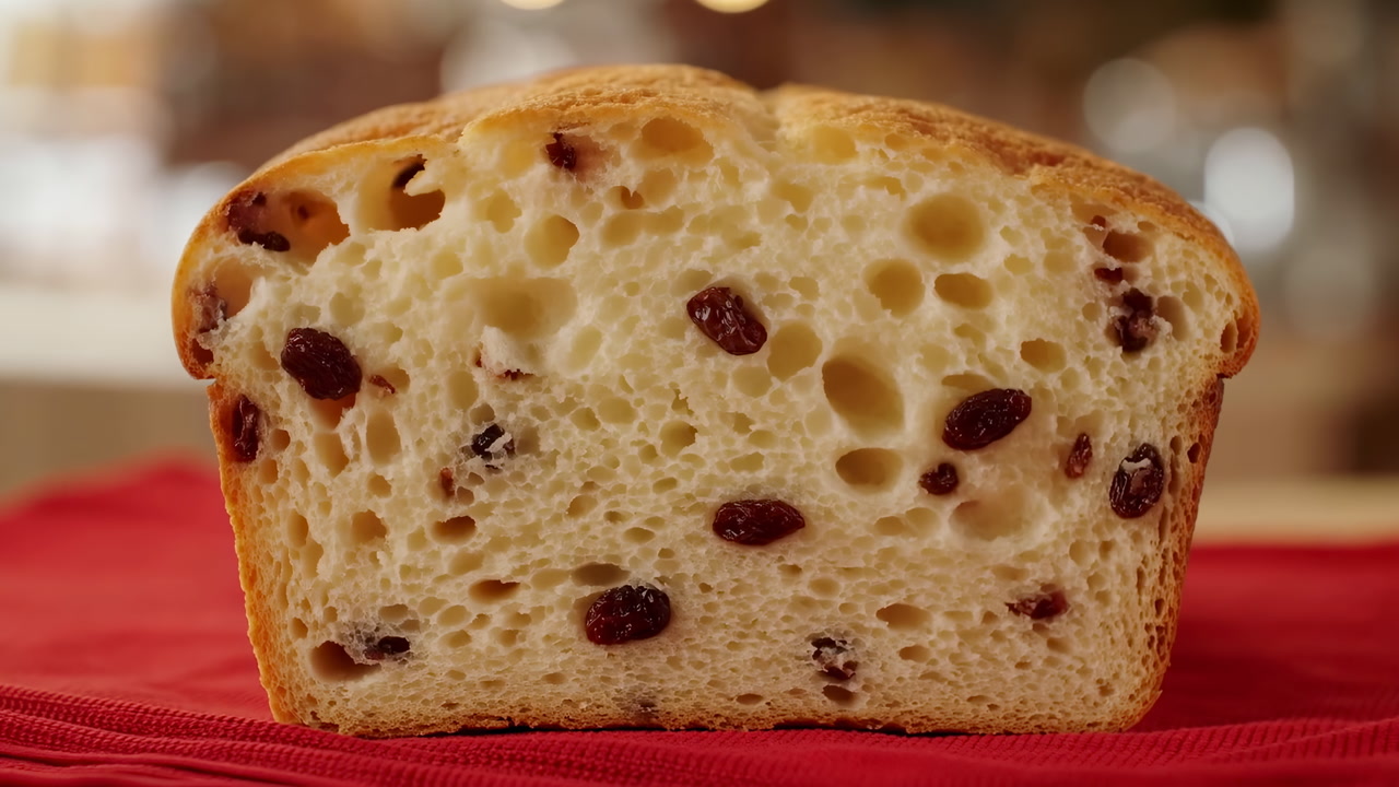 Closeup Raisin Bread Slice, Red Cloth, Warm Bakery Lights, Airy Crumb Dotted With Raisins, Golden Crust, Soft