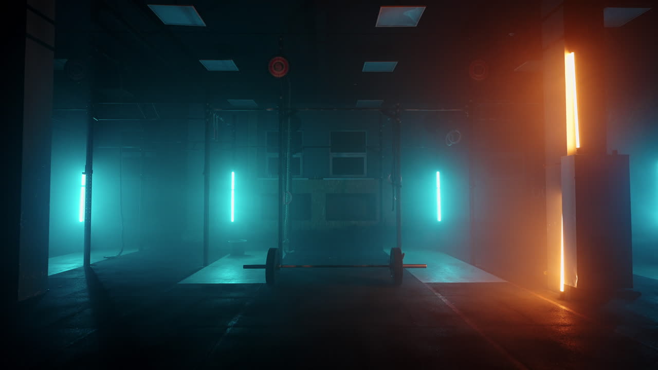 barra deportiva para levantamiento de pesas en un gimnasio oscuro con dramáticas luces de neón zoom shot