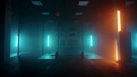 sports barbell for weightlifting in dark gym with dramatic neon lights zooming shot