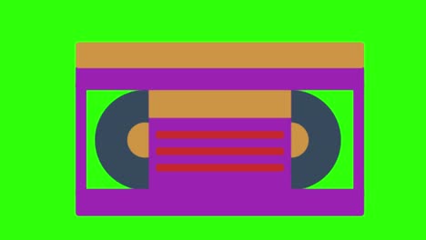 ilustración animada en 2d de un cassette de video púrpura en una pantalla verde