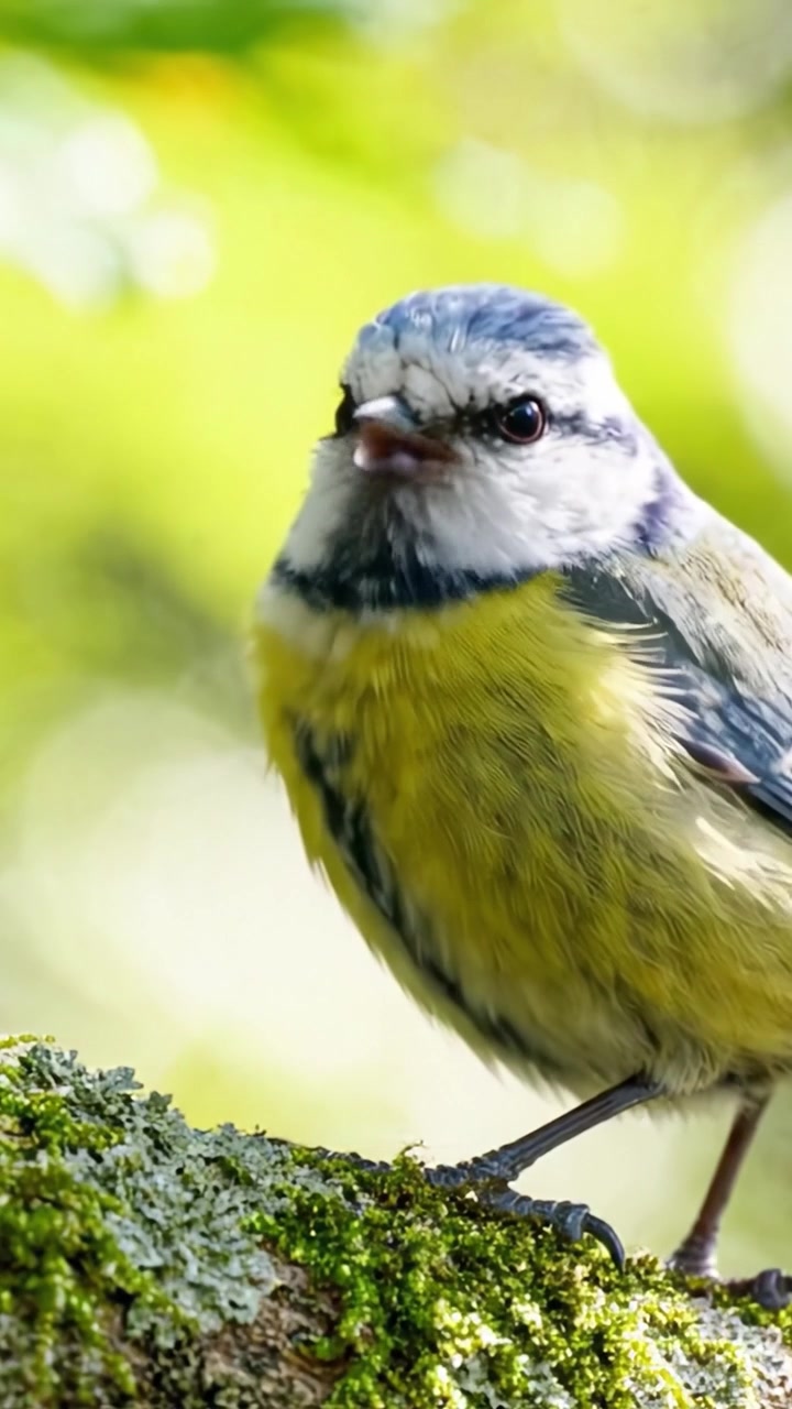 Una vista ravvicinata di un vivace uccello blu e giallo appollaiato su corteccia muschiosa in un lussureggiante ambiente naturale, che mette in mostra il suo bellissimo piumaggio e le sue caratteristiche