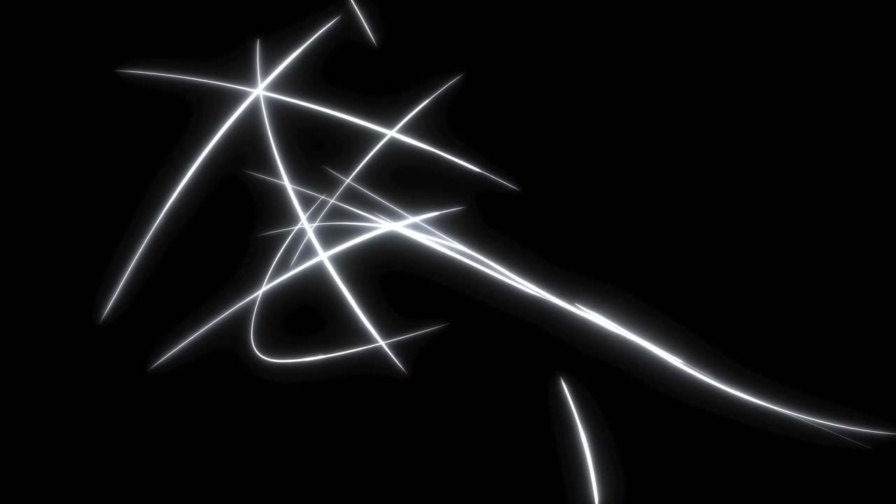 Thin white luminous strokes sweep across deep black space from left side, crossing in sharp diagonal intersections with curved arcs, tapered tips, minimal negative space, clean modern contrast