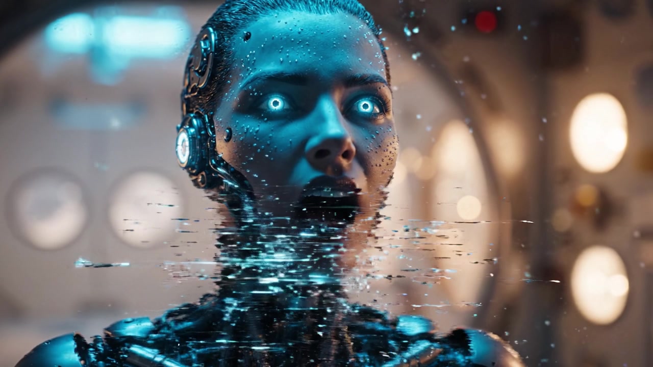 Un primo piano di un robot femminile avanzato con occhi blu penetranti e goccioline d'acqua sul viso, che cattura un'intensa espressione di emozione in un'ambientazione futuristica.