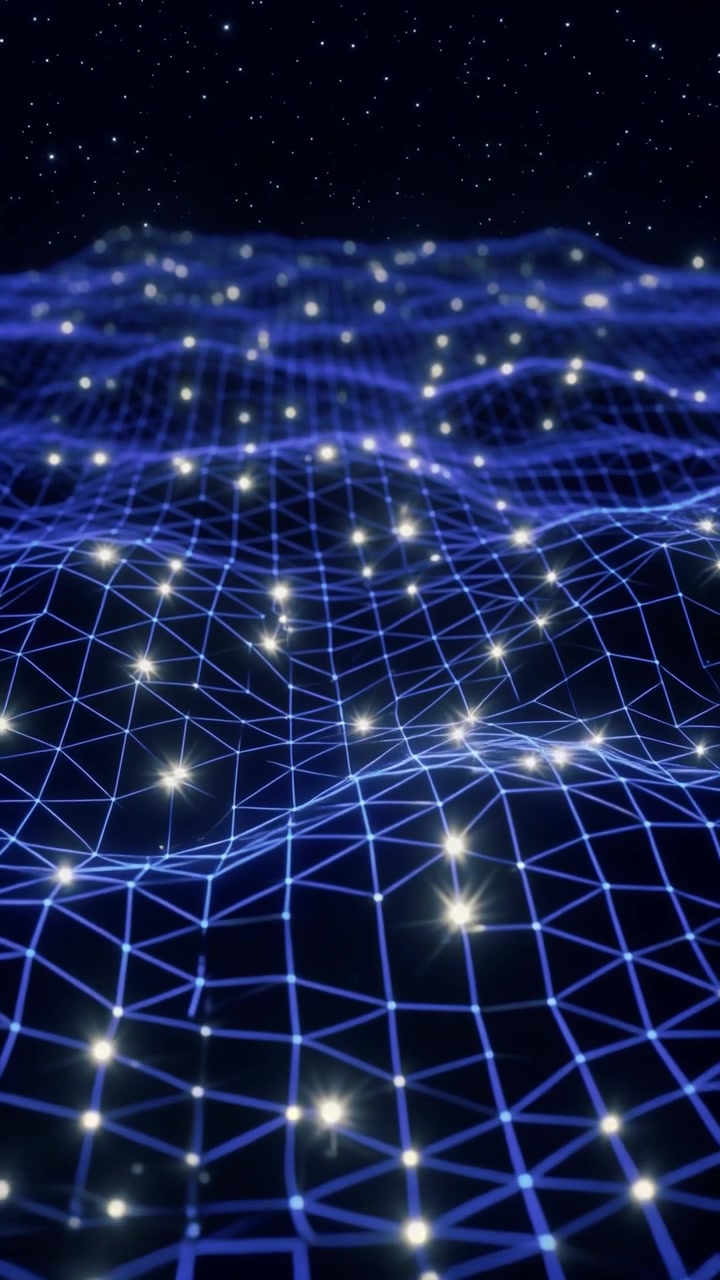 Abstract Digital Grid Wave with Glowing Nodes in Space