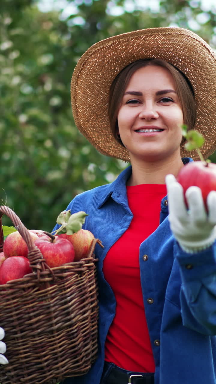 Smiling lady in blue shirt and straw hat holding a basket full of apples. Female farmer takes a fruit and tosses it in the air. Nature backdrop. Vertical video