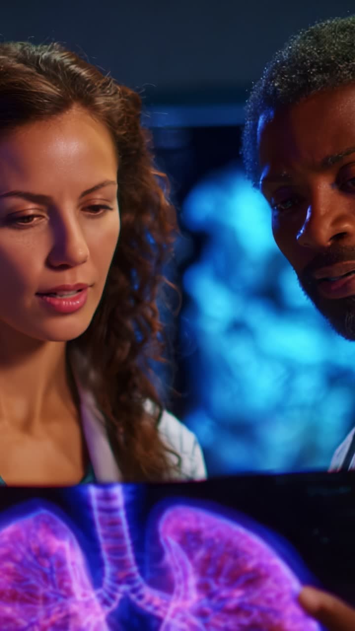 Medical professionals examining a detailed lung X-ray display, discussing vital health information, emphasizing the importance of collaboration in healthcare settings