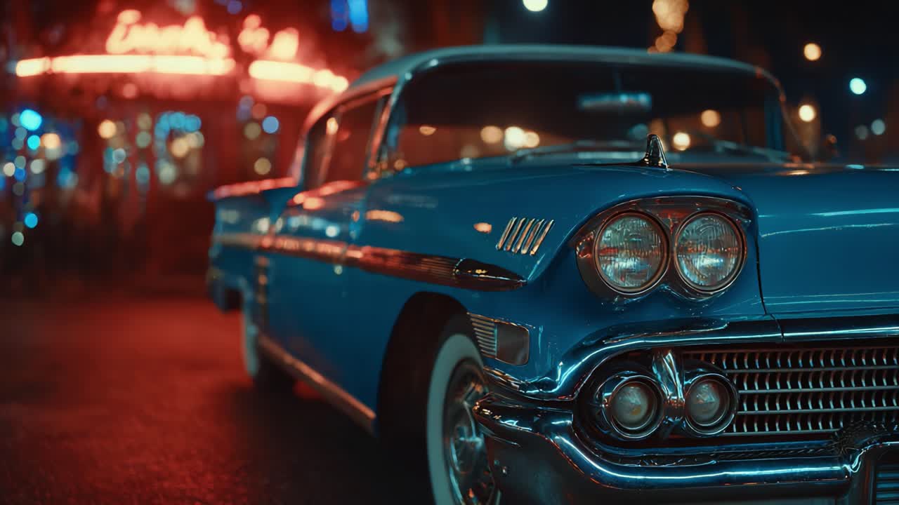 Klassischer Oldtimer in einer Nachtszene mit Neonlichtern: Ein Einblick in zeitloses Automobildesign und nostalgischen Charme unter den Sternen