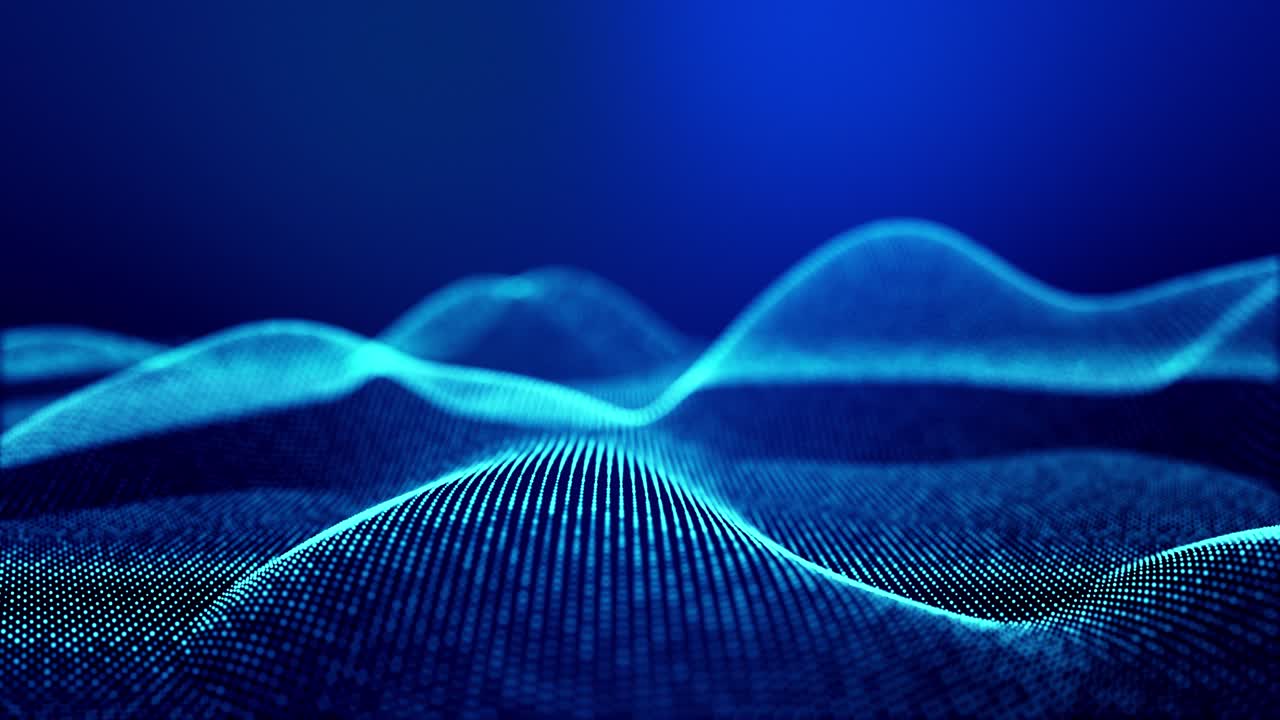 4k looped abstract background of glow particles form lines, surfaces as futuristic landscape in cyberspace or hologram. Sci-fi theme of microworld, nanotechnology or cosmic space. Blue 7