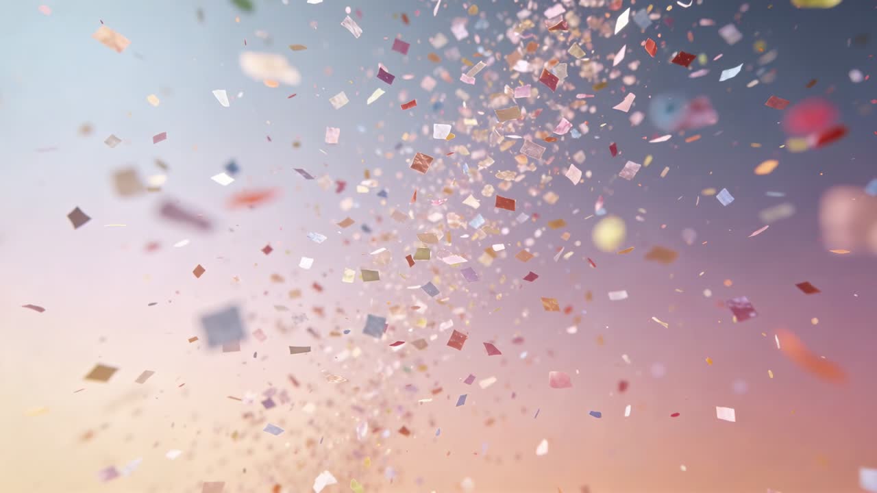 Lancio invisibile, flusso verticale di coriandoli colorati che fluttuano su uno sfondo pastello tenue