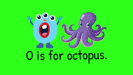 bright, playful animation with a character and octopus on green background, teaching the letter o
