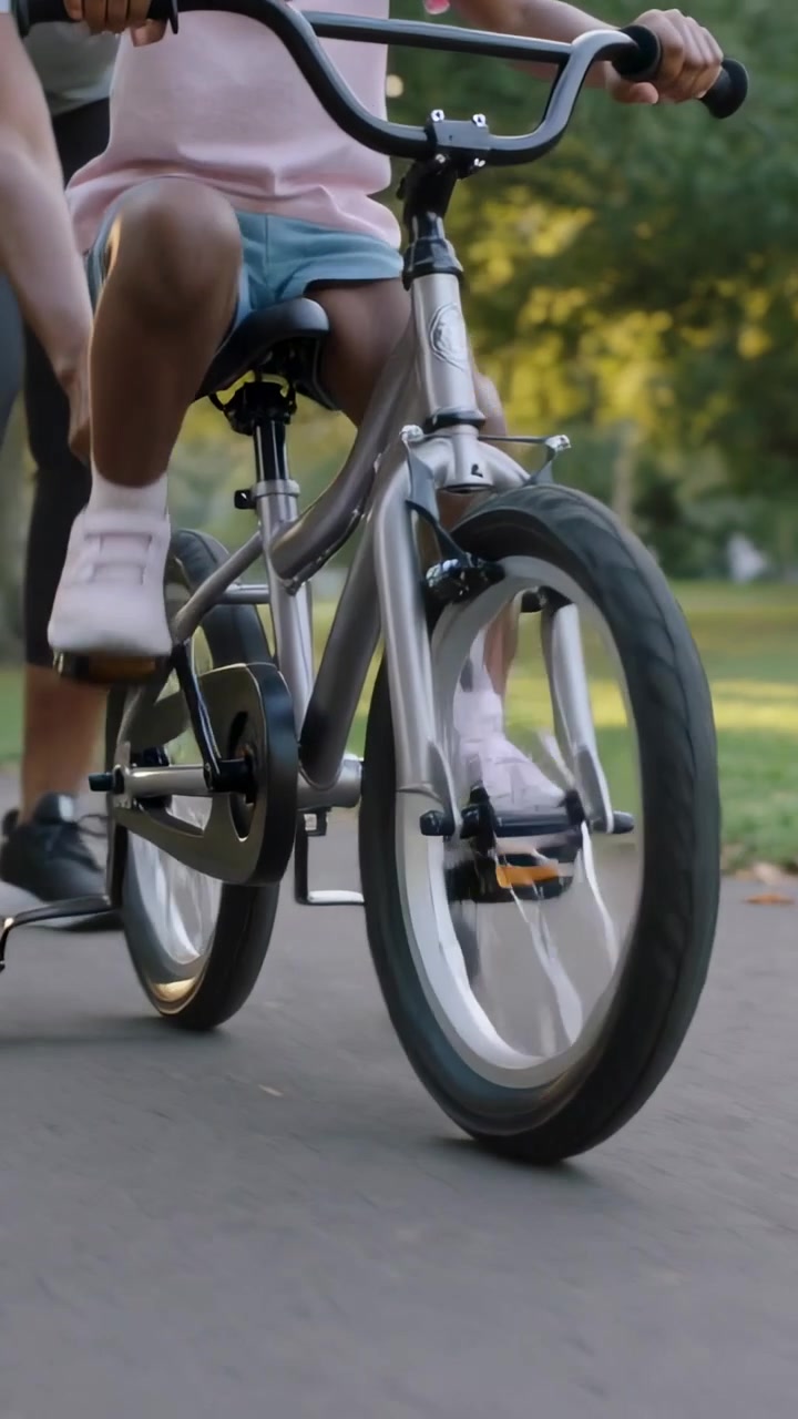 Vídeo vertical: Adulto ajustando a rodinha de apoio, criança pedalando em caminho de parque aprendendo a andar de bicicleta.