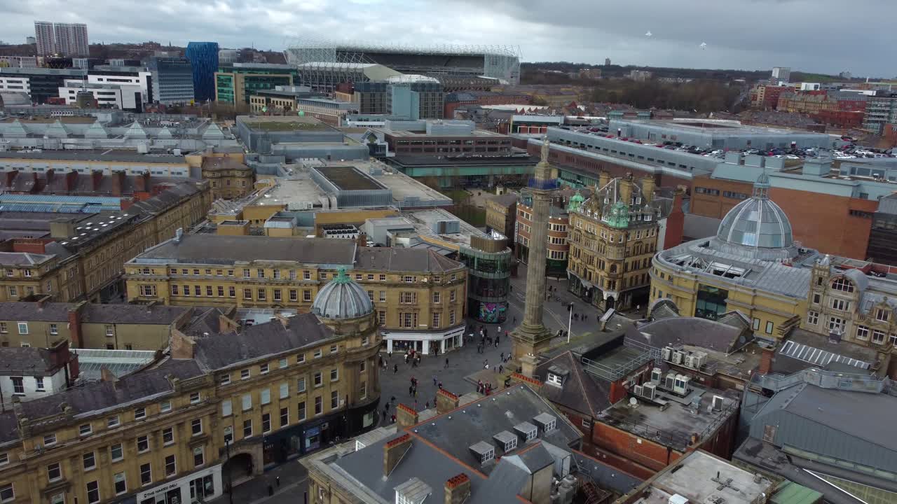 Drone view of Newcastle City Centre with Grey's Monument, Grainger Town and St James' Park