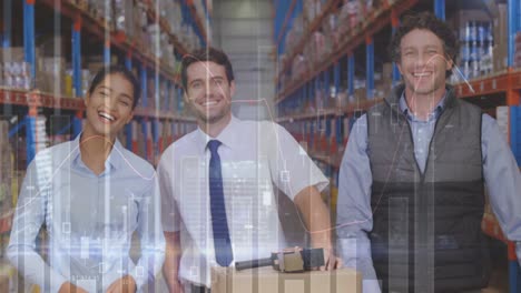 statistical data processing against diverse male and female supervisors smiling at warehouse