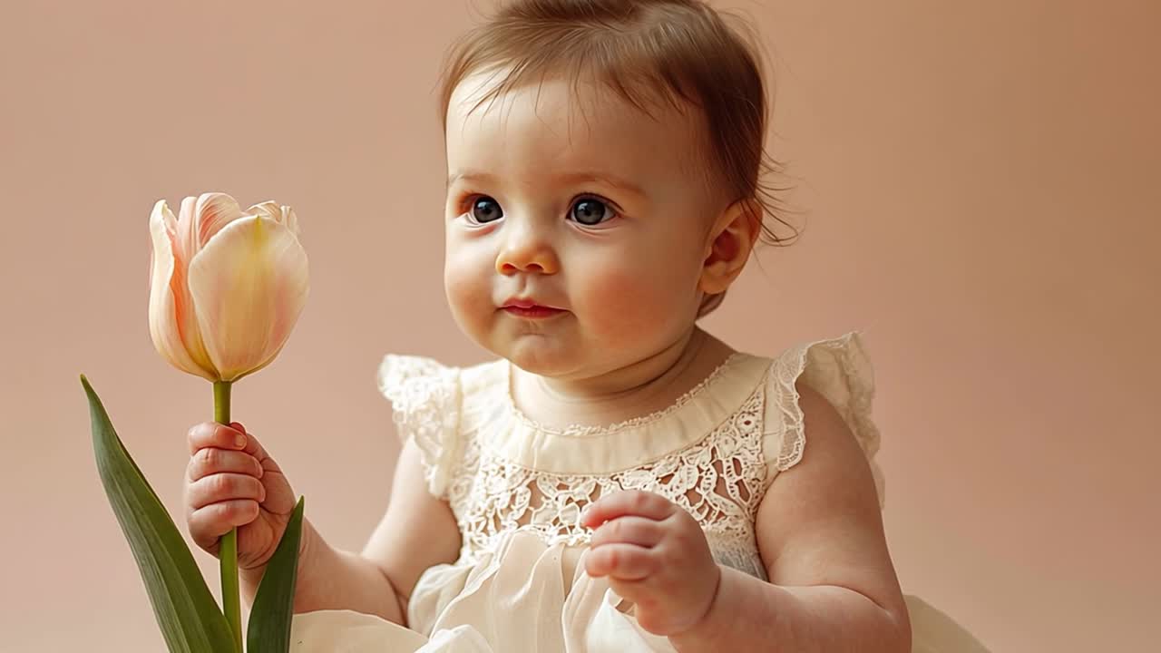 A Curious Baby Holding a Tulip