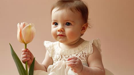 a curious baby holding a tulip