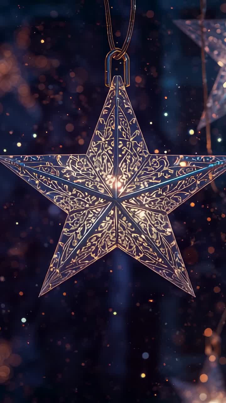 Vertical video: Spinning filigree star pulsing internal glow in interior scene with sparkles