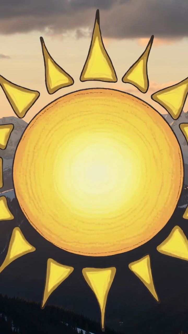 Vertical video: Showing sun graphic from frame one, shifting rays over dusk hills for subtle motion