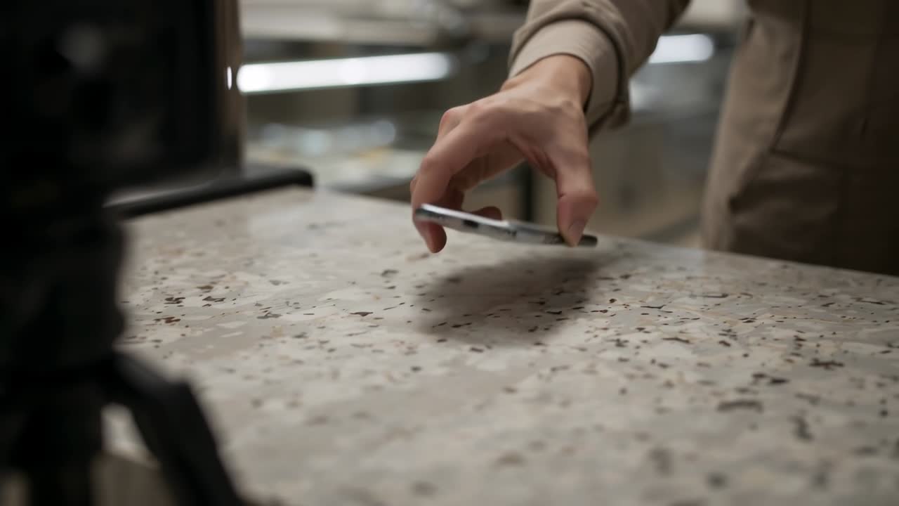 Adult's right hand reaching phone on speckled cafe counter, tapping then lifting to check screen